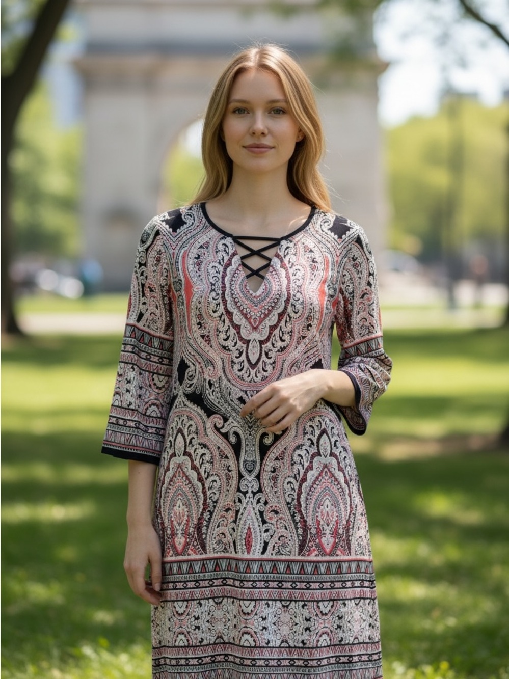 Roz & Ali Black, Coral and White Paisley Midi Dress - Picture 2 of 6